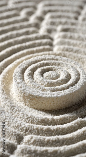 Close-up of concentric spiral patterns in a light-colored, textured material, creating a calming and meditative abstract design