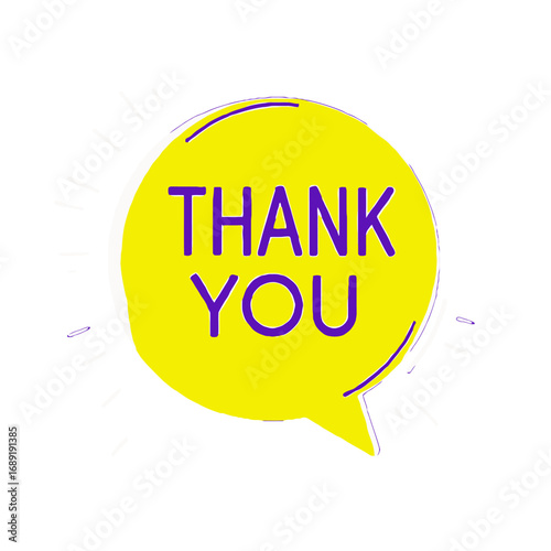 Vector art of bright yellow speech bubble with the words thank you in purple text