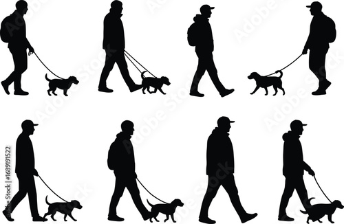 Man walking dog silhouette, pet owner walking, outdoor activity, leisure walk with dog, black vector illustration, canine companion design