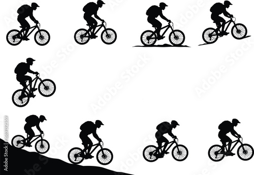 Mountain biking silhouette, cyclist riding uphill, downhill adventure, extreme sports, outdoor activity, trail biking, cycling action, athlete training, fitness lifestyle