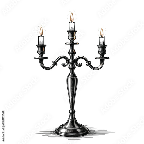 Illustration of a vintage candelabra with three lit candles.