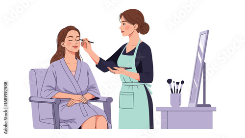 Professional makeup artist applying cosmetics to a client in a salon setting with mirror and brushes