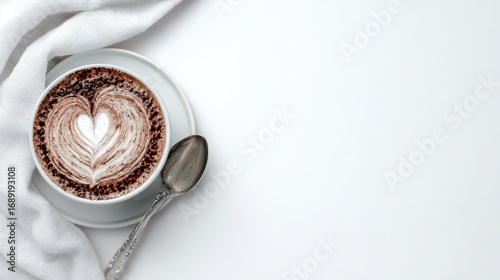 Overhead shot of a cappuccino with heart latte art on a white background with a spoon and soft fabric. Lots of white space