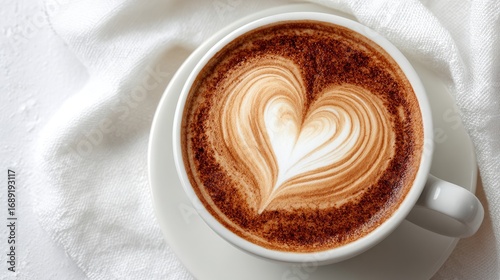 Overhead shot of a cappuccino with a latte art heart, sitting on a white plate and white wrinkled cloth, brightly lit from above