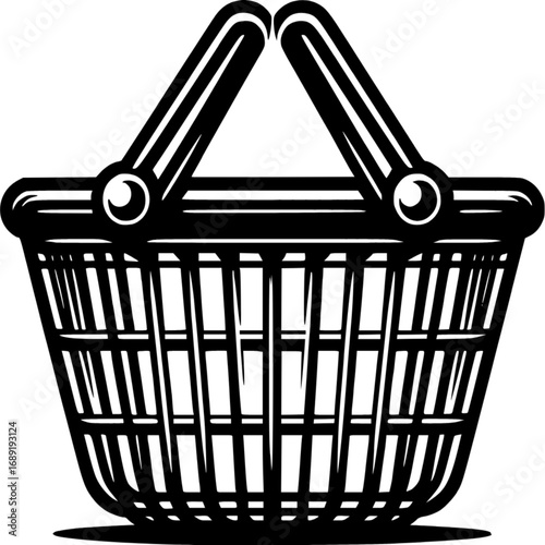 Shopping Basket Illustration: A stark monochrome depiction of a shopping basket, rendered with clean lines, is ideal for conveying the essence of retail, shopping, and grocery trips.