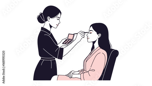 Professional makeup artist applying cosmetics to a client s face with a makeup palette