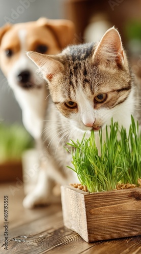 A tabby kitten eats grass from a wooden planter with a curious dog blurred in the background, on a rustic wooden surface