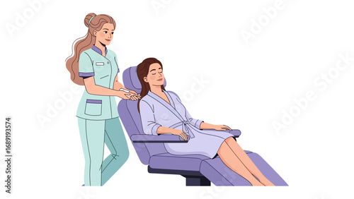 Caring nurse comforts patient in medical chair during examination or treatment session