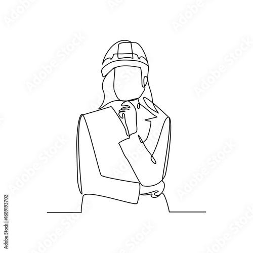 Continuous line building construction worker and engineering woman. Single line drawing art vector illustration of architect or engineer mechanic. Editable stroke
