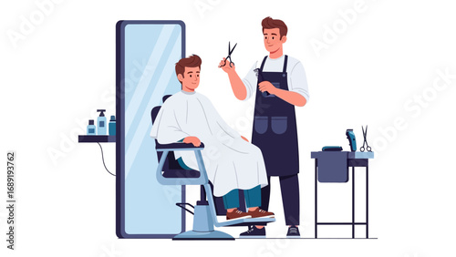Skilled barber carefully cuts client s hair with scissors in a modern salon setting