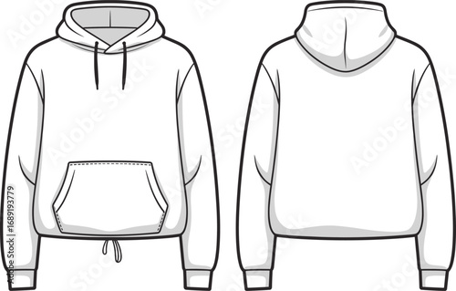 Cropped drawstring hoodie flat sketch, front and back hoodie CAD illustration, fashion vector template for streetwear apparel design