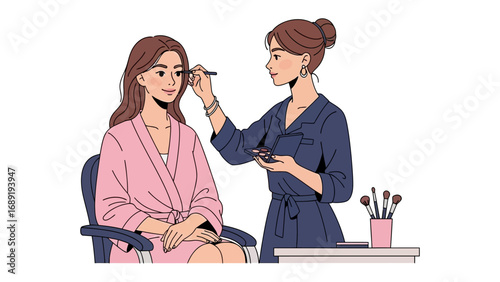 Professional makeup artist applying cosmetics to a woman sitting in a chair wearing a pink robe