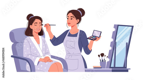 Professional makeup artist applying cosmetics to a client in a salon setting with mirror