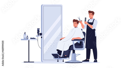 Professional barber giving a modern haircut to a satisfied client in a stylish salon setting