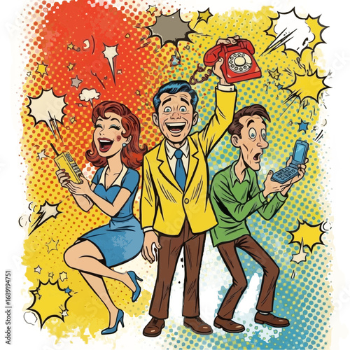 A vibrant pop art illustration showcasing the energetic evolution of telephones from classic rotary to early mobile devices