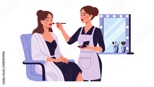 Professional makeup artist applying lipstick to a client in a glamorous setting with illuminated mirror