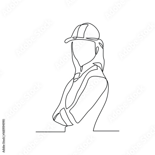 Continuous line building construction worker and engineering woman. Single line drawing art vector illustration of architect or engineer mechanic. Editable stroke