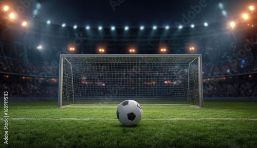 Night soccer game, penalty kick scene; ball at spot, goal in focus, stadium lights illuminate a packed crowd