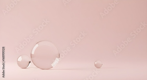Abstract minimalist background featuring transparent glass spheres on a delicate pastel pink surface, illustrating clarity and modern design