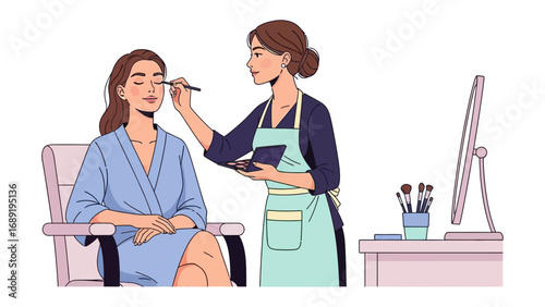 Professional makeup artist applying cosmetics to a client in a salon setting with beauty tools