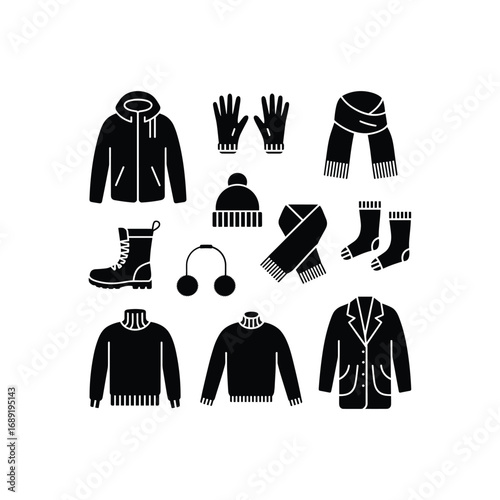 Collection of winter clothing items black silhouette icons for cozy warmth and outdoor activities