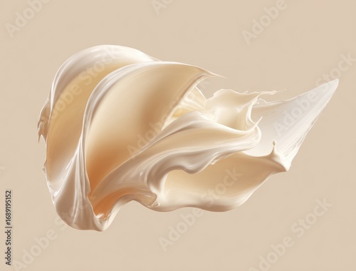 Creamy, swirling substance suspended mid-air against a beige background. Shows smooth, organic forms with soft light and subtle shadows, creating a sense of movement