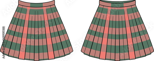 Plaid pleated mini skirt CAD drawing, fashion flat vector sketch, front and back view, girl's clothing design illustration