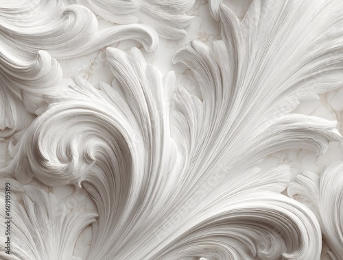 Intricate plasterwork showcases elegant, swirling leaf forms against a lightly veined marble backdrop, emphasizing texture and delicate sculpting in creamy white