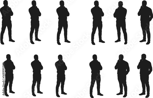Silhouette group of standing men with arms crossed, diverse poses, isolated black figures, teamwork concept, confident posture, shadow people collection
