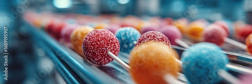 Colorful candy balls on skewers moving along a conveyor belt in a candy production facility during daytime