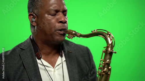 Man playing saxophone on green screen