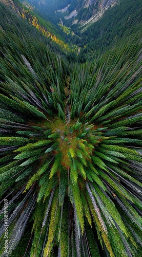 A bird's eye view of tall evergreen trees in a valley, with some turning yellow. A small stream flows through. A mountain range is faintly visible