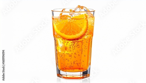 Cold glass of sparkling orange soda with bubbles refreshing sweet citrus flavored drink isolated on white background
