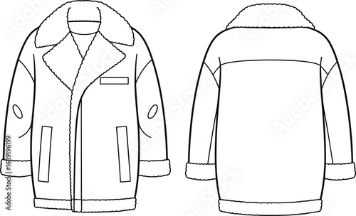 Winter shearling jacket front and back view, technical flat sketch, fashion outerwear illustration, cad drawing flat vector illustration