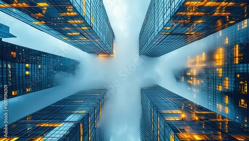 High-angle view of modern skyscrapers piercing a fog