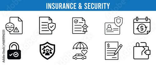 Insurance and security icons collection protection safety financial planning document management and personal identification symbols vector