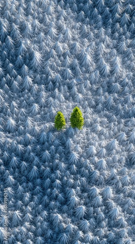 An aerial view shows a dense evergreen forest in a snow-covered winter landscape, with two bright green trees standing out in the center