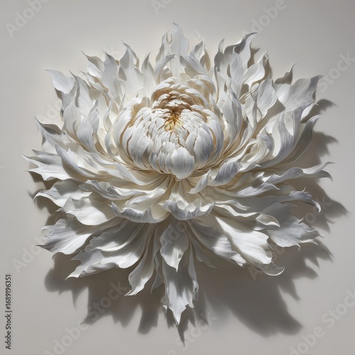 A beautiful, delicate white flower sculpture with a light golden center is displayed on a cream background