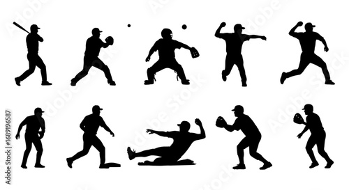Dynamic baseball action silhouettes capturing athletic moments of batting, throwing, and fielding