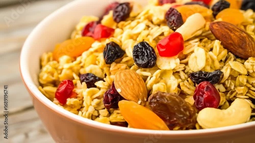 Bowl of granola with dried fruit and nuts
