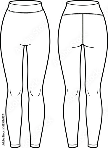 Women’s high-waisted leggings design, seamless fit, front and back views, casual activewear, stretchy fabric, fashion garment, cad flat vector illustration