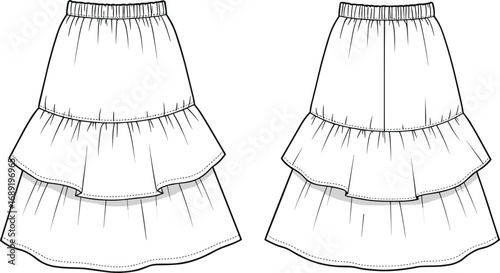 Women’s layered skirt design, flat vector cad drawing, fashion technical sketch, elastic waistband, ruffle hem, front and back view, apparel template
