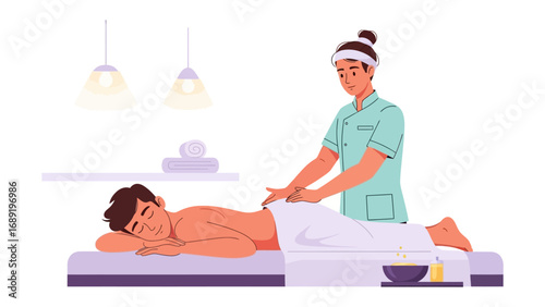 Professional massage therapist providing a relaxing back massage to a client in a serene spa setting