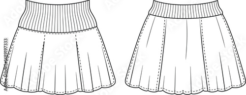 Women’s pleated skirt design with ribbed waistband, scalloped hem, casual fashion garment, flared skirt, front and back views, cad flat vector illustration