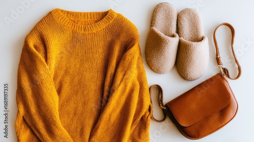 Cozy flatlay of a mustard yellow sweater, beige slippers, and a brown crossbody bag on a white background
