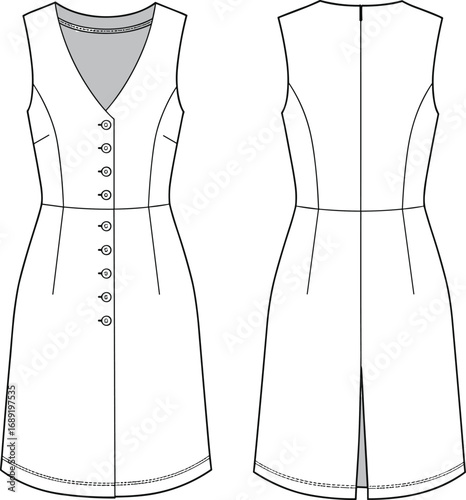 Women’s sleeveless buttoned dress vector, flat cad drawing, fashion technical sketch, front and back views, tailored fit, apparel design