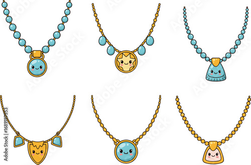 Cute kawaii necklaces with smiling pendants, cartoon jewelry in pastel colors, gold chains and blue gems, vector illustration for kids and girls.