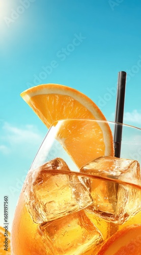 Refreshing drink against blue sky. Features ice cubes, a straw and orange slices in a glass, against sunny sky with light clouds