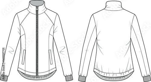 Women’s zip-up jacket with ribbed cuffs and hem, vector flat cad drawing, fashion technical sketch, front and back view, outerwear design