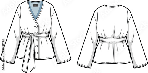 Women's belted wrap jacket, button front, flared sleeves, stylish outerwear design, technical fashion sketch, cad drawing flat vector illustration